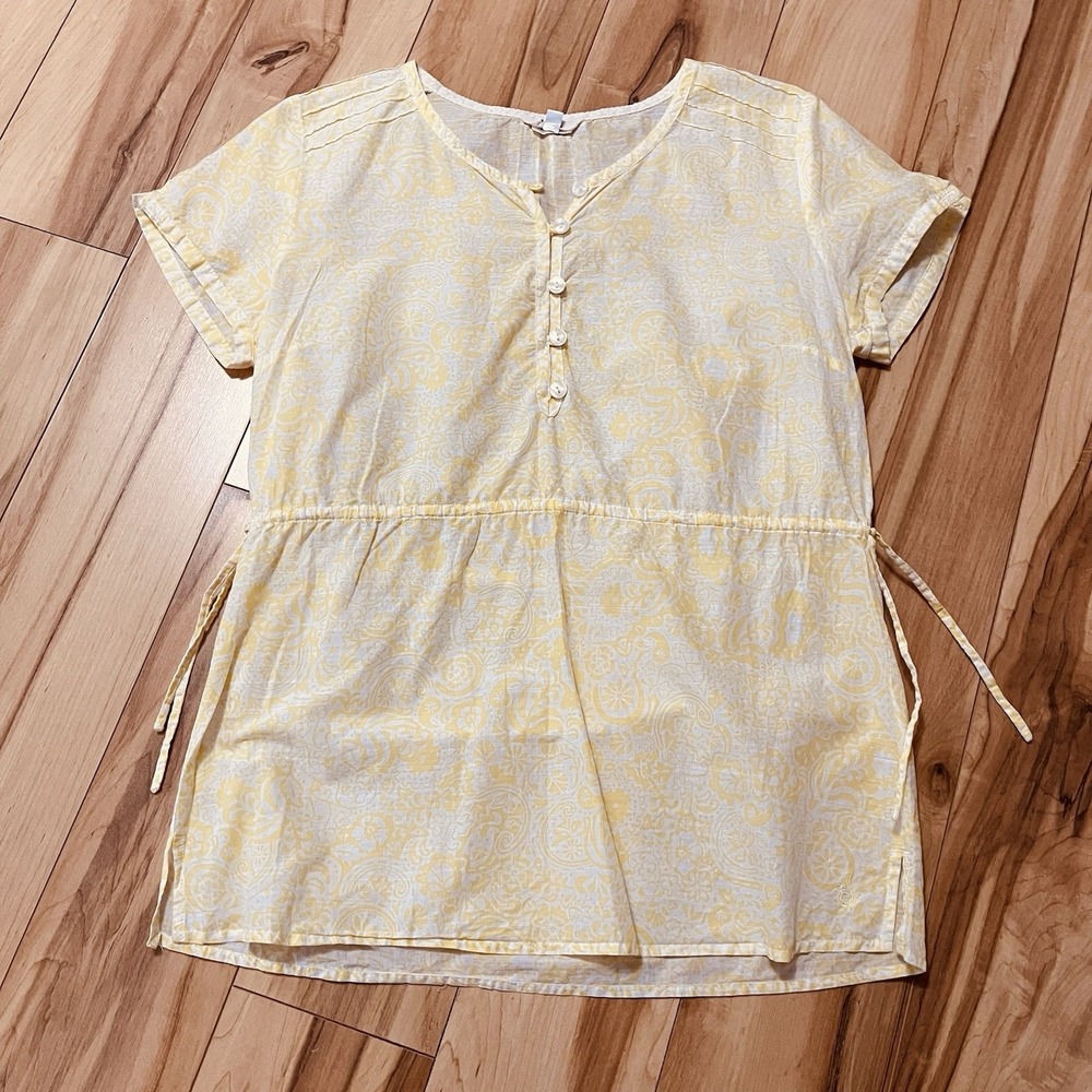 Women's ISIS Summer Shirt Sz 10 Yellow Floral Print W/Cinch Waist Button Top